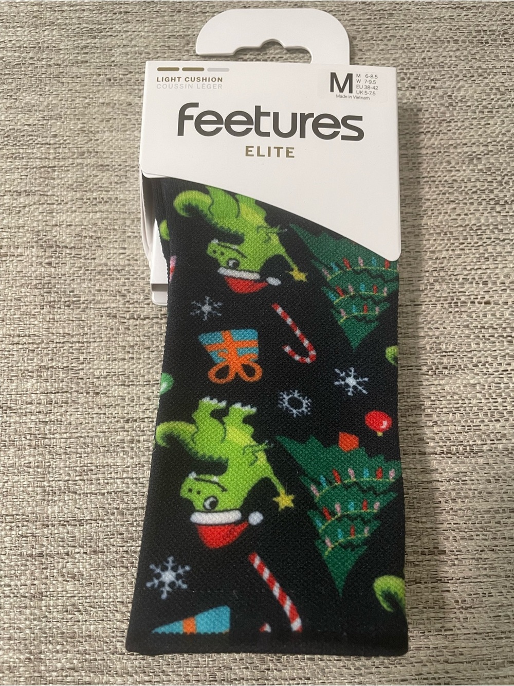 Feetures Elite Christmas Dinosaur T-Rex Light Cushion Crew Socks Green Black M